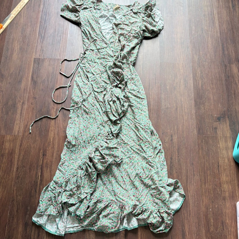 ♾️Bali ELF Rayon Green Fields Carmen Wrap Maxi Dress Boho Festival Ruffle Lg♾️ - Picture 9 of 12
